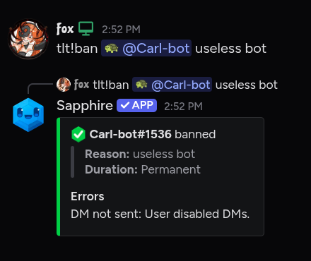 Ban command result