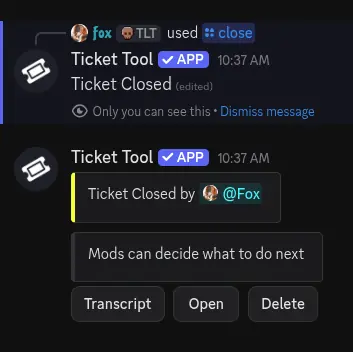 Close ticket command result
