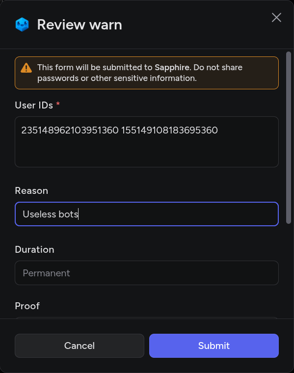Mass command review window