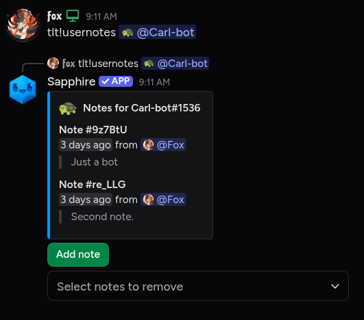 Usernotes command result