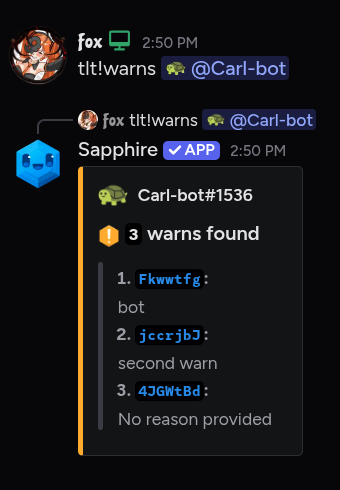 Warns command result